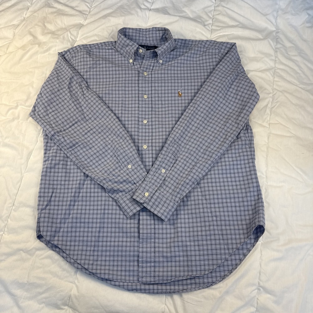 Ralph Lauren Shirt Mens L Blue Check Classic Fit Long Sleeve Button Down Preppy